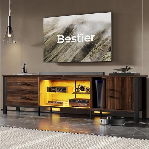 TV Stand for 75/80/85 inch TV, LED Gaming Entertainment Center, Modern TV Cabinet with Glass Shelves for Living Room, Media Console with 2 Storage Drawers & Cabinets for Bedroom, Walnut
