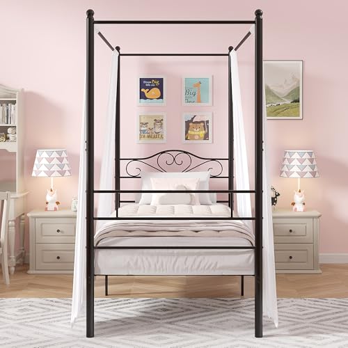 Twin Canopy Bed Frame, Heart-Shaped Headboard, Black, view 4