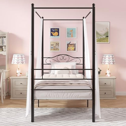 Twin Canopy Bed Frame, Heart-Shaped Headboard, Black, view 4