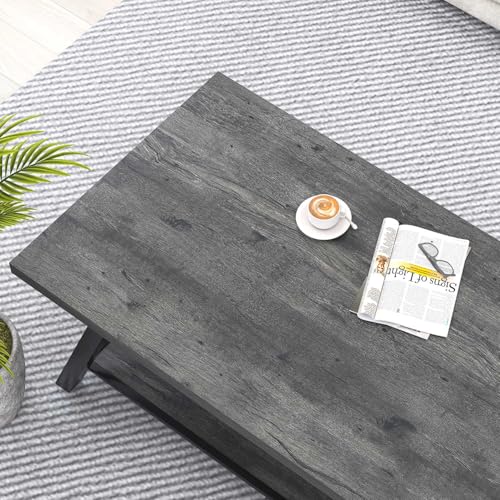 Coffee Table, Industrial Wood and Metal Center Table for Living Room, Rectangle Cocktail Tea Table with Storage Shelf, Rustic Grey, 47 Inch