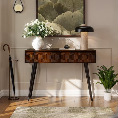 Console Modern Mid-Century 2 Drawers, Unique Geometric Design Sofa Table for Entryway, Hallway, Living Room, Walnut