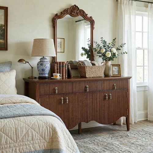 57" Fluted Sideboard Buffet,Retro Storage Cabinet, Walnut, view 4