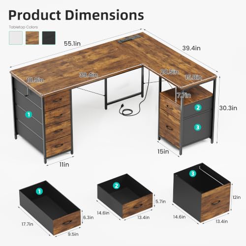 55 Inch L Shaped Office Desk with 6 Drawers & Type-C Port, Rustic Brown, view 4