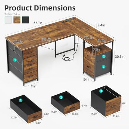 55 Inch L Shaped Office Desk with 6 Drawers & Type-C Port, Rustic Brown, view 4