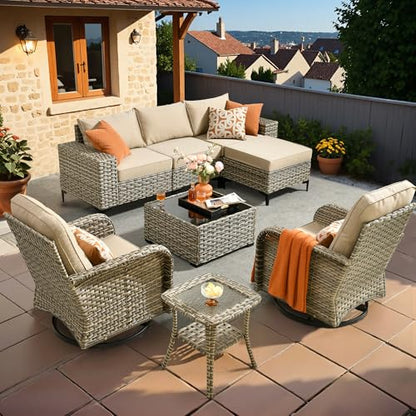 Outdoor Sectional Furniture Set,8 Pieces Wicker Patio Conversation Sets,L Shape All Weather Outside Couch Sofa Set with Swivel Chairs Ottoman,Beige