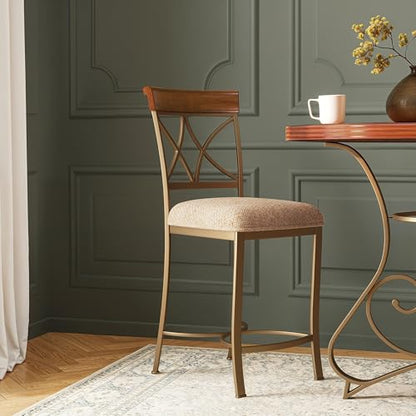 Powell Hamilton Metal 24.5 Inch Seat Height Counter Stool with Beige Upholstered Seat and Cherry Wood Accented Back