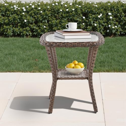 Patio Tables Wicker Side Table, Outdoor End Table with Storage Shelf, Patio Furniture Side Table for Sofa, Swivel Chairs, Garden, Balcony - Dark Brown