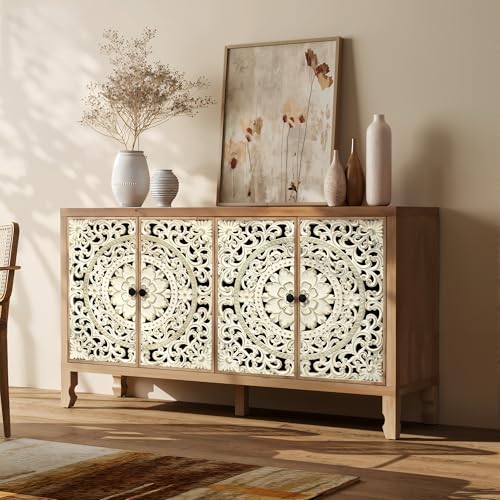 59" Solid Wood Buffet Cabinet, Accent Cabinet with 4 Carved Doors, view 7