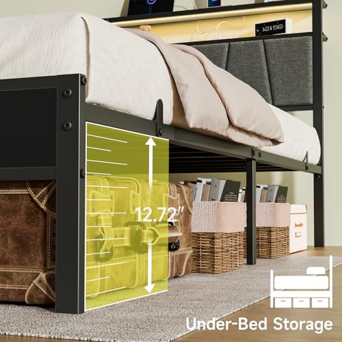 14 Inch Storage Headboard with Charging Station Twin Bed Frame, view 6