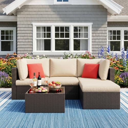 5 Piece Patio Furniture Sets, Outdoor Patio Set Sectional Sofa, All-Weather PE Rattan Outdoor Couch with Ottoman, Glass Table for Garden, Backyard, Porch, Beige