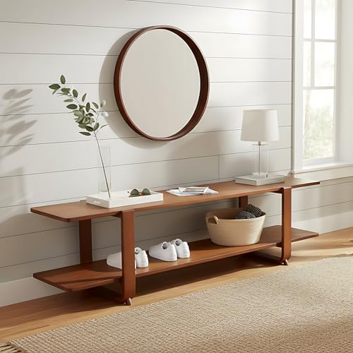 Low Bamboo TV Stand for Up to 65 Inch, Small Mid Century Modern Entertainment Center with 2-Tier Open Shelves, Walnut Media Console Table for Living Room, Bedroom