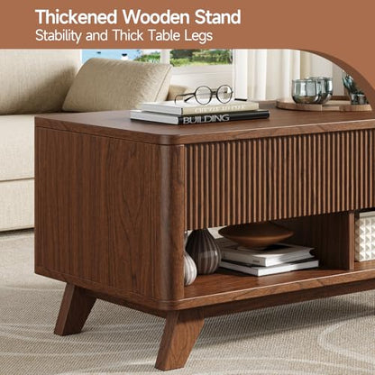 Farmhouse Lift Top Coffee Table, Mid Century Modern Coffee Table with Hidden Storage Compartment, Fluted Rising Pull up Wood Modern Center for Living Room, Office, Walnut