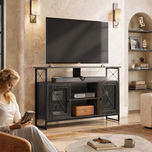 TV Stand 55 inch TV,Tall Entertainment Center with Storage, Farmhouse Industrial TV Console for Bedroom Living Room, Charcoal Black