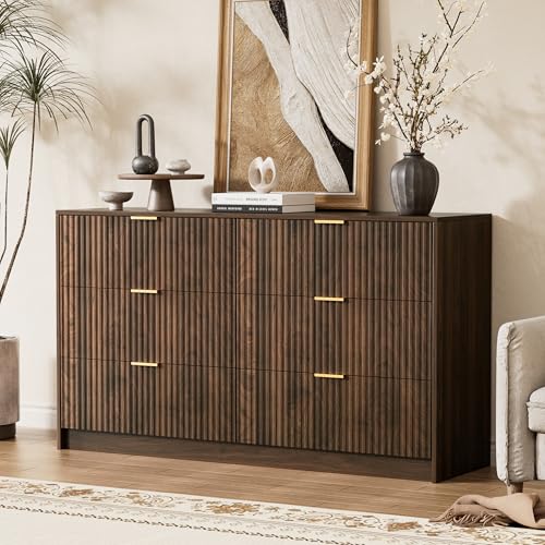 Walnut Dresser for Bedroom, Modern Dresser with 6 Drawers and Smooth Slides, view 7