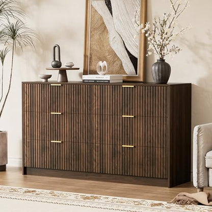 Walnut Dresser for Bedroom, Modern Dresser with 6 Drawers and Smooth Slides, view 7