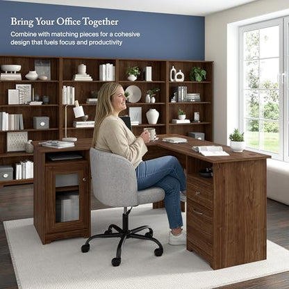 Cabot 60W L Shaped Computer Desk with Storage in Modern Walnut, 60-inch Corner Table with Drawers for Home Office Workspace