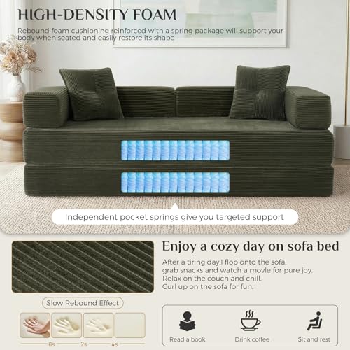 78 Inch Convertible Boneless Sleeper Sofa Bed, Modular Foldable Floor Couch, Corduroy Fabric, Memory Foam Filling, Modern Comfy Loveseat for Living Room, Small Spaces, Assembly Free, Green