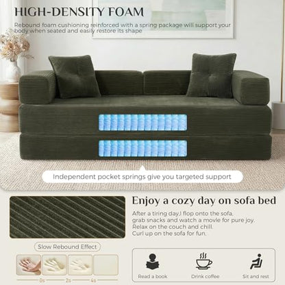 78 Inch Convertible Boneless Sleeper Sofa Bed, Modular Foldable Floor Couch, Corduroy Fabric, Memory Foam Filling, Modern Comfy Loveseat for Living Room, Small Spaces, Assembly Free, Green