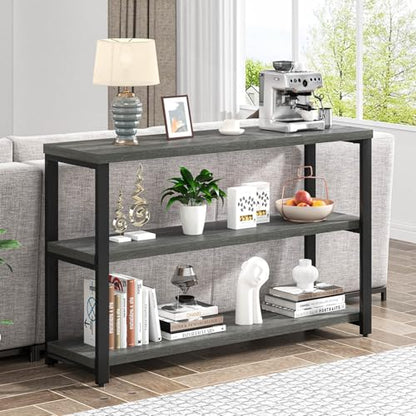 47 Inch Rustic Metal and Wood Entryway Table, Console Table Behind Couch with 3 Tier Storage Shelves, Sofa Table for Living Room Hallway Foyer, Industrial Grey