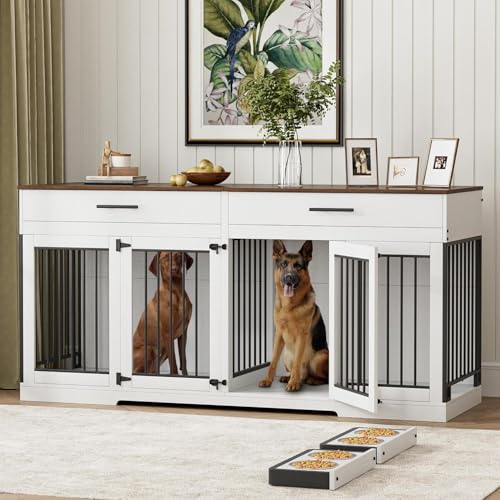 72" Double Dog Crate Furniture with Drawers and Divider, White, view 2