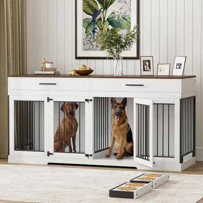 72" Double Dog Crate Furniture with Drawers and Divider, White, view 2