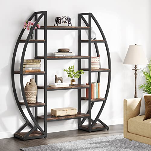 Tribesigns Oval Bookshelf, Triple Wide 5 Tier Etagere Bookcase, Industrial Display Shelves for Living Room (Brown, 55")