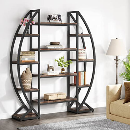 Tribesigns Oval Bookshelf, Triple Wide 5 Tier Etagere Bookcase, Industrial Display Shelves for Living Room (Brown, 55")