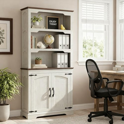 70'' Farmhouse White Bookcase Bookshelf, 5-Tier Bookcase with Doors Storage, view 2