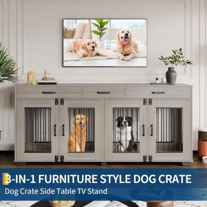 71'' Large Dog Crate for 2 Dogs, Dog Crate with 3 Drawers, Grey, view 6