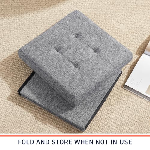 Folding Storage Ottoman, 15 Inch Storage Cube with Lid, Foot Rest Stool for Bedroom, Living Room, Entryway, Tufted Linen Upholstered - Gray