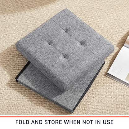 Folding Storage Ottoman, 15 Inch Storage Cube with Lid, Foot Rest Stool for Bedroom, Living Room, Entryway, Tufted Linen Upholstered - Gray