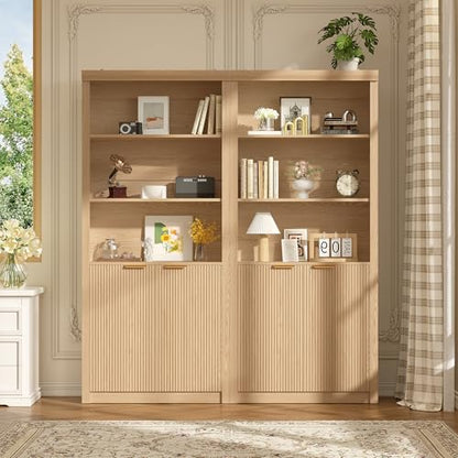 Modern Tall Book Shelf and Bookcase, 31.5"Wide Bookshelf with Doors, Farmhouse Book Case with Adjustable Top Shelf, Wood Storage Cabinet with 5 Tier Display Shelves for Home Office, Living Room,Oak