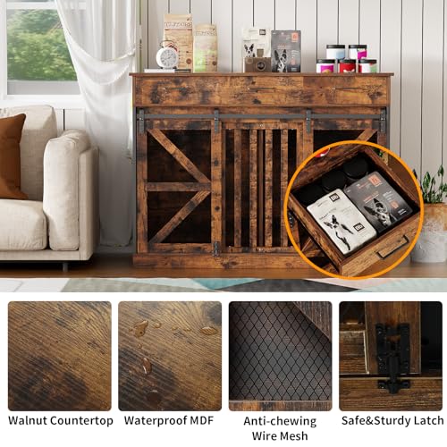 48 Inch Large Dog Crate Furniture with 3 Storage Drawers, Wooden Pet Kennel with Removable Divider, Dog Kennel End Table TV Stand, Farmhouse Style Dog Crates with Sliding Barn Door (Brown)
