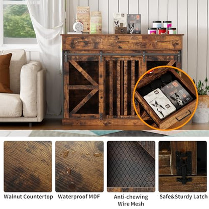48 Inch Large Dog Crate Furniture with 3 Storage Drawers, Wooden Pet Kennel with Removable Divider, Dog Kennel End Table TV Stand, Farmhouse Style Dog Crates with Sliding Barn Door (Brown)