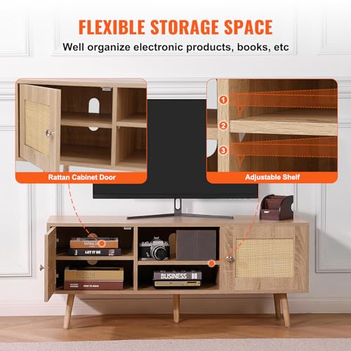 Rattan TV Stand, Boho TV Cabinet for 55 inch TV, Mid Century Modern TV Stand, Rattan TV Console with Adjustable Shelfs for Living Room, Media Room, Oak