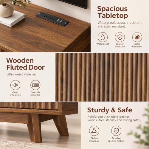 94" Fluted TV Stand with Power Outlet, Living Room TV Stand Walnut, view 7