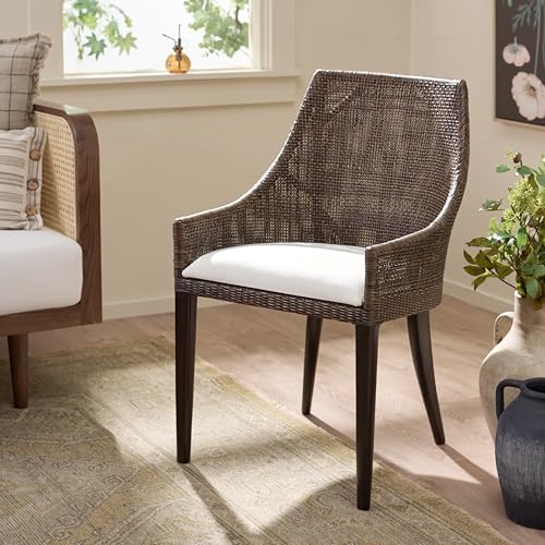 SAFAVIEH Home Collection – Maro Dark Brown Rattan Arm Chair with Ivory Seat Cushion, Modern Curved Silhouette, Fully Assembled (ACH4905A)