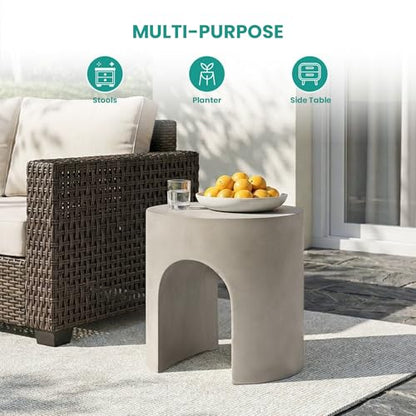 Outdoor Side Table, 16" W Concrete End Table w Arch Shape, Round Cement Accent Table Lightweight for Patio, Modern Decorative Garden Stool for Patio, Backyard, Grey