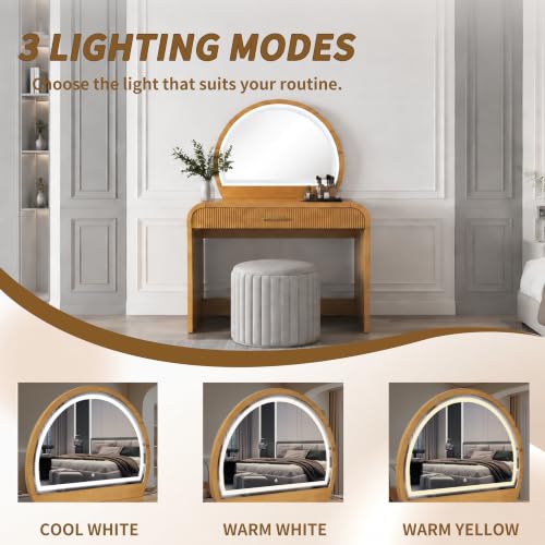 Makeup Vanity Desk with LED Mirror, Drawer and Curved Edges Natural, view 7