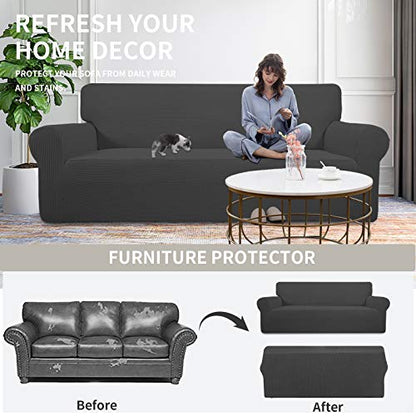 Stretch Loveseat Slipcover 1-Piece Sofa Cover Furniture Protector Couch Soft with Elastic Bottom for Kids Polyester Spandex Jacquard Fabric Small Checks (Loveseat, Dark Gray)
