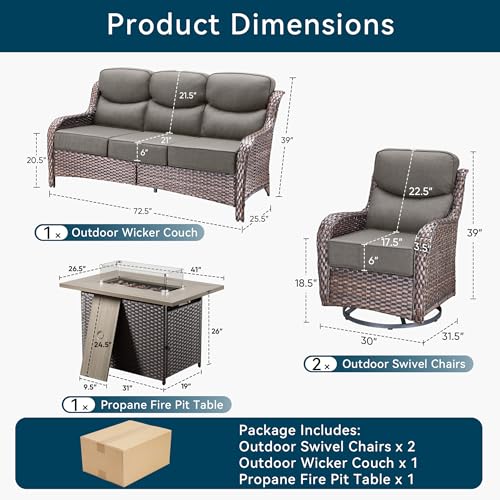 Luxury Patio Furniture Set with Fire Pit Table-4 Pieces High Back Wicker Swivel Rocker Chairs with 6" Extra Thick Cushions, Outdoor Patio Conversation Sets for Porch Deck Backyard(Brown/Grey)
