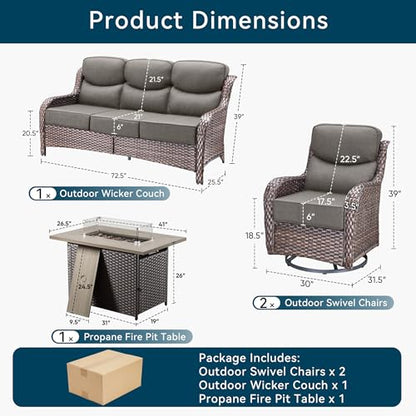 Luxury Patio Furniture Set with Fire Pit Table-4 Pieces High Back Wicker Swivel Rocker Chairs with 6" Extra Thick Cushions, Outdoor Patio Conversation Sets for Porch Deck Backyard(Brown/Grey)