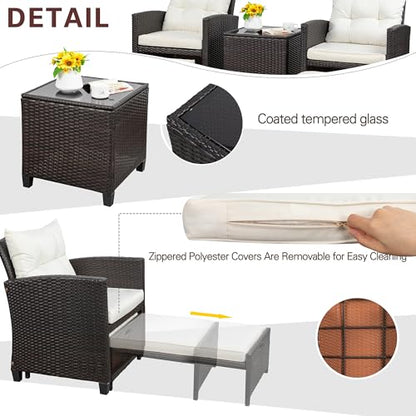 Patio Chair with Ottoman, 5 Pieces Patio Furniture Set Small Balcony Furniture, Rattan Patio Chairs Set of 2 with Glass Table for Front Porch Garden (Beige)