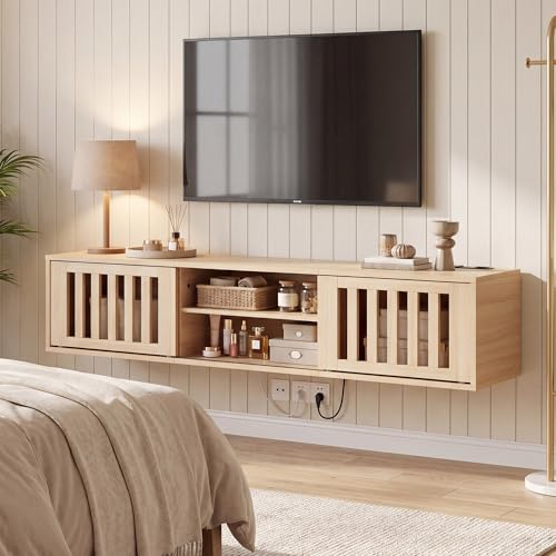 58" Floating TV Stand Wall Mounted with Power Outlet, Natural, view 8