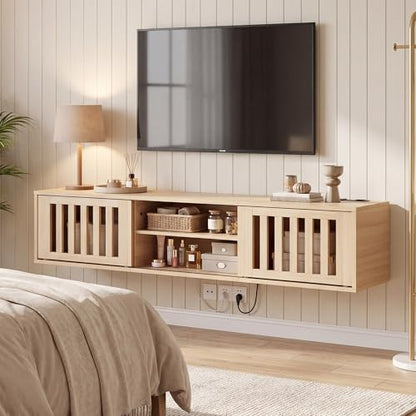 58" Floating TV Stand Wall Mounted with Power Outlet, Natural, view 8