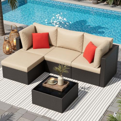 5 Pieces Patio Furniture Sets Outdoor All-Weather Sectional Patio Sofa Set PE Rattan Manual Weaving Wicker Patio Conversation Set with Glass Table&Ottoman Cushion and Red Pillows, Beige