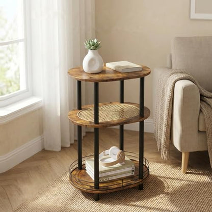 Small Rattan Side Table with Storage, 3 Tier Round/Oval End Table with Rattan Shelf, Boho Nightstand, Tool Free Assembly/Screw-Hole Free Tabletop-Living Room Bedroom-Brown