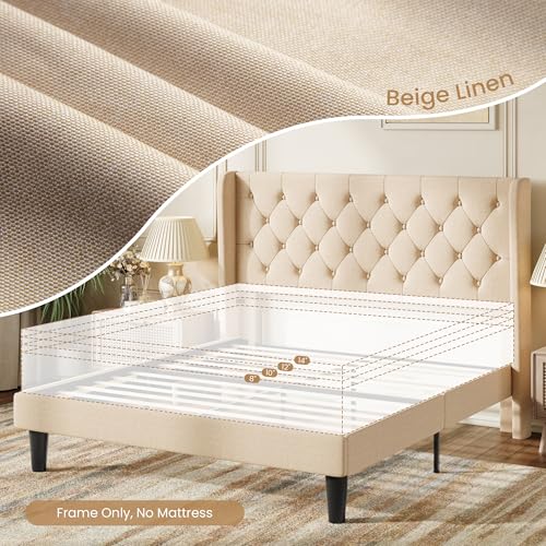 Queen Upholstered Bed Frame, Button Tufted Design, Beige, view 8