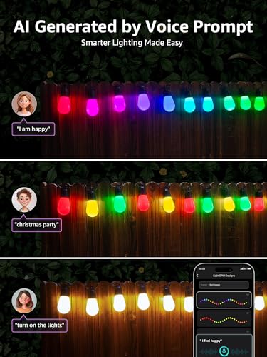 ZB1 AI Smart Outdoor String Lights, 54(42+12) ft RGB+IC+Warm White Outside Light with 15 Plastic LED Bulbs, Music Sync, Alexa Google Enable, 2.4 GHz WiFi+Bluetooth (APP Control, No Remote)