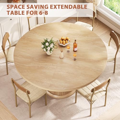 47″–63″ Extendable Round Dining Table for 4–8 with Dust-Proof 2-Tier Storage Shelf Space-Saving Expandable Dining Room Table Wood Oval Circle Dining Table with Pedestal Base (Natural)